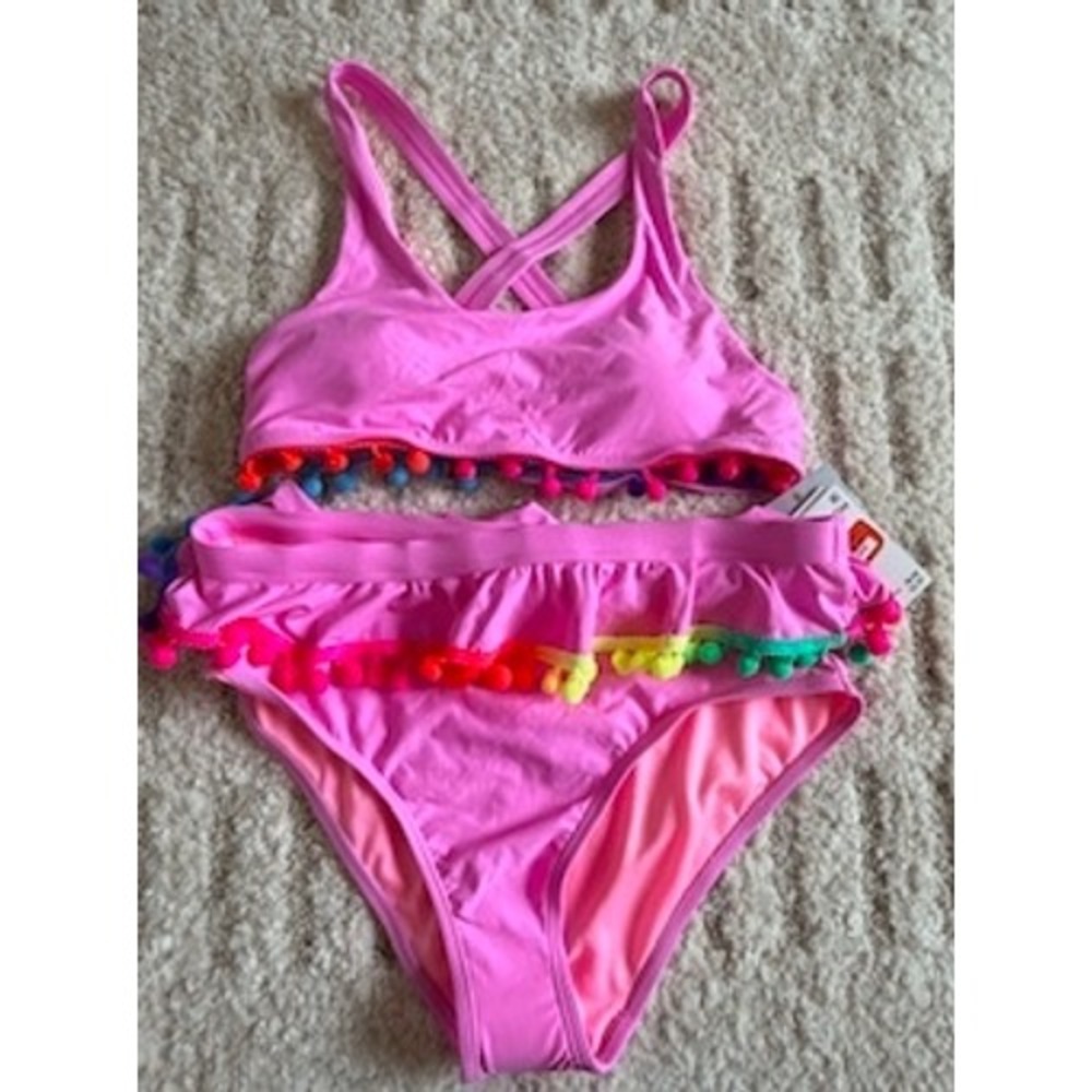 Beach Lingo Girls Pink Pom Pom Trim 2 Piece Swimsuit Bikini Set Size 14 BL20165